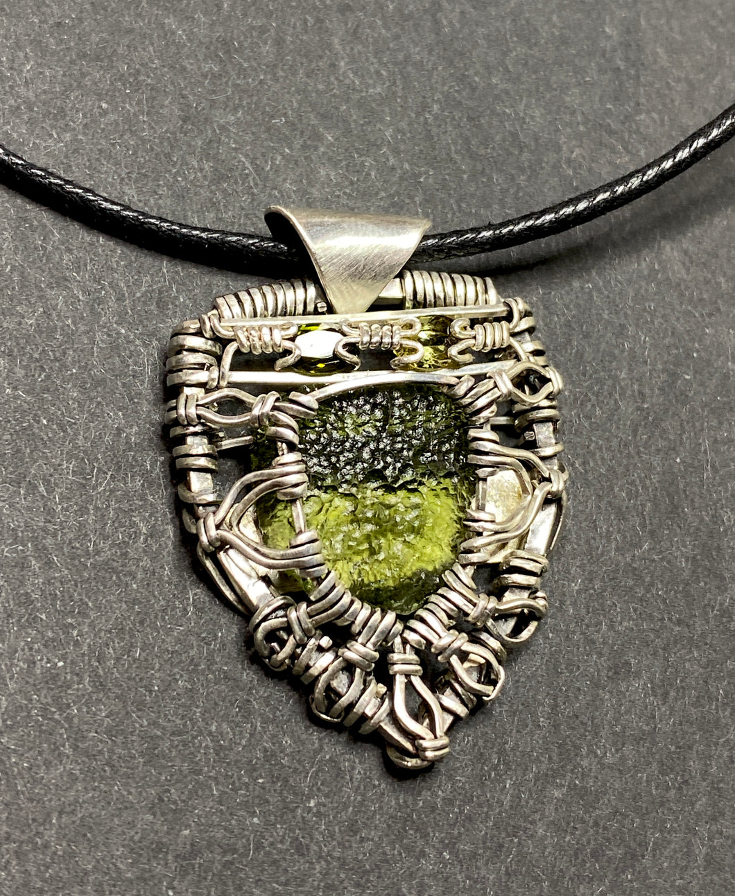 Moldavite and Green Tourmaline Pendant