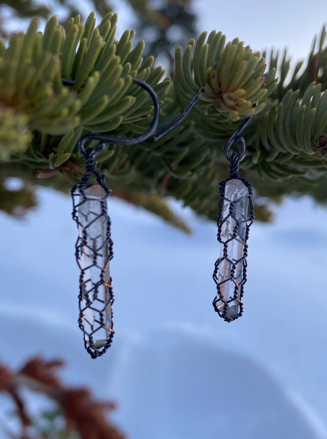 Blackened Silver Needle Quartz Earrings